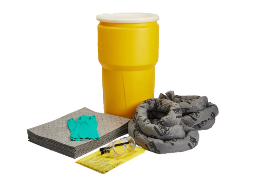 Kit, ALLWIK Drum Universal 14 Gallon Spill, Class: Universal, Includes: (1) 14 Gal Drum Container, (1) Pair of Goggles, (1) Pair of Nitrile Gloves, (2) 3 in x 12 ft Socks, (2) Disposal Bags, (20) 15 in x 19 in Universal Pads, Dimensions: 26.5 in H x 15 in Dia