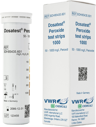 Vwr* Peroxide test strip, Gradation of scale: 0-50-150-300-500-800-1000 ppm, semi-quantitative determination of hydrogen peroxide (H 2 O 2 ) and peroxides in solutions, 1000 dosatest, In the presence of free and bound chlorine, the warning test field forms a blue coloration, 87.5 degrees