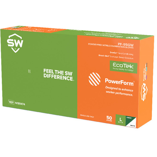 SW® PowerForm® PF-95GW Dual-Color Green/White 5.9 mil Sustainable Skin-Improving Nitrile Exam Gloves