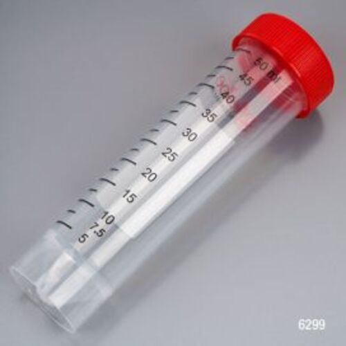 Centrifuge Tube, 50mL, Attached Red Flat Top Screw Cap, Polypropylene, Printed Graduations, Sterile, Self-Standing, Certified, 25/Re-Sealable Bag