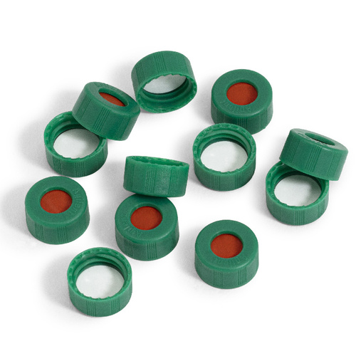 Cap, screw, green, PTFE/red silicone. Cap size: 12 mm