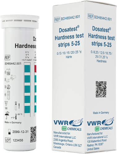 VWR* Hardness test strip, Quick and easy determination of water hardness, for 5-21 tests, convenient dip and read procedure and the clear colour changes from green to red ensure reliable results within seconds, plays important role, Gradation: <55 ->90 ->180 ->270->360 ->445 ppm, 500 dosatest