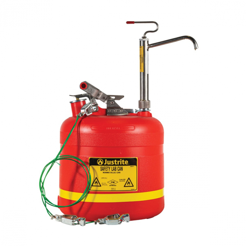 Safety Can, With Stainless Steel Piston Pump, Red, Plastic, FM Approved, Can dispense Alcohol based Hand Sanitizer, Self-closing vented filling spout, all-in-one storage and dispensing solution for flammable or combustible liquids, Dimensions, Exterior: 13.5in Diam x 25in H, Size: 5 Gallon