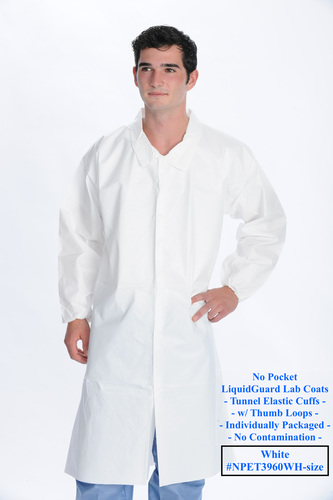 Lab coat, LiquidGuard, Non-sterile, No pockets, microporous fabrics, pass blood penetration test, pass ChemoDrug Permeation Test, knee length, snap front, knit cuffs, manufactured in controlled environment, low particle shedding, rated category 1 per Helmke drum testing, White, M