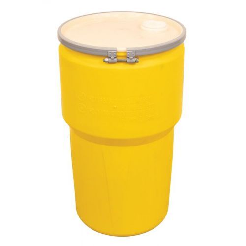 Lab Pack Open Head Poly Drum, 14 Gal, Metal Bolt Ring, 1x2in 1x3/4in Bung Holes, Yellow, Dimensions, Exterior: 15in (38.1 cm) Top, 12.75in (32.4 cm) Bottom, 26.5in (67.3 cm) Height