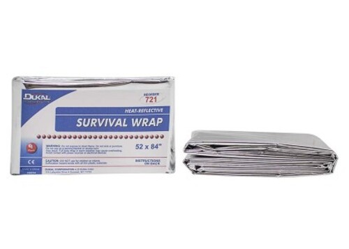 Survival Wrap, Non-Sterile, Heat reflective mylar foil wrap, Used to trap in heat and maintain body temperature, Compact packaging allows for convenient storage, Not made with natural rubber latex, Dimension: 52X84 IN