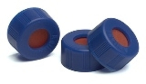Cap, screw, blue, PTFE/red silicone septa, Cap size: 9 mm