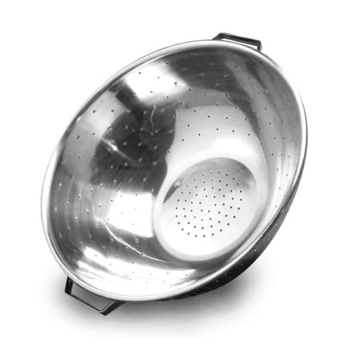 Large Specimen Strainer, This strainer allows for slow, controlled straining and rinsing.Dimensions:  14 qt, 16in (406 mm) diameter x 7in (178 mm) deepMaterial:  Standard grade stainless steelApproximately 300 holes, 0.25in in diameter