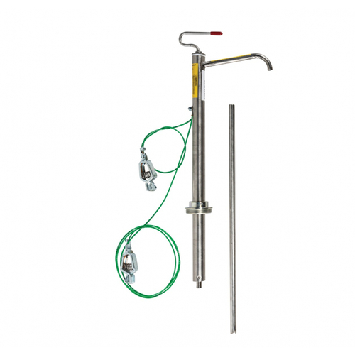 Drum Pump, Stainless Steel Piston, For 5 Gallon Pails, With Flash Arrester, Color: Grey, FM Approved, Includes: Pump, 5 Pail Spout Adapters, 2x Ground Wires with Clamps, Instruction sheet, Dimensions, Exterior: 19in H x 9in W x 1.25in D