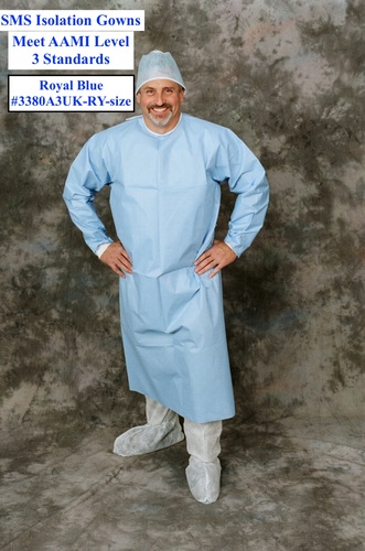 Gown, Non-sterile, level 3 SMS, highly fluid resistant, breathable, knee length, tie at back, knit cuffs, manufactured in controlled environment, low particle shedding, rated category 1 per Helmke drum testing, Royal Blue, L/XL