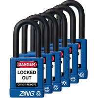 ZING Green Safety RecycLock Safety Padlock, Keyed Alike,1-¹/₂" Shackle, 1-³/₄" Body, 6 Pack, ZING Enterprises