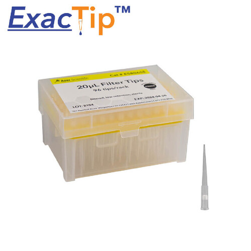 Pipette tip, 20 ul filter tips, low retention, sterile, have low DNA and protein binding treatment, RNase, DNase, and Pyrogren free, Sterile individually wrapped racks of 96 tips, Contain small micron hydrophobic filters