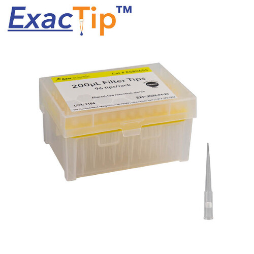 Pipette tip, ExacTip, 200 ul filter tips, low retention, sterile, Manufactured from super clear high quality PolypropylenE, Low retention for optimal precision and minimal sample loss, Barrier filter to prevent aerosol contamination, Certified DNase/RNase/Pyrogen/Endotoxin Free