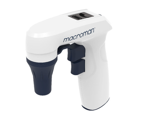 Pipette controller, macroman, aspiration and dispensing speed can be set using pressure sensitive triggers or by using the thumbwheel while pipetting, speed is adjustable up to 25 mL in less than three seconds, displays battery status and aspiration, It can handle a volume range from 0.1 to 100 mL