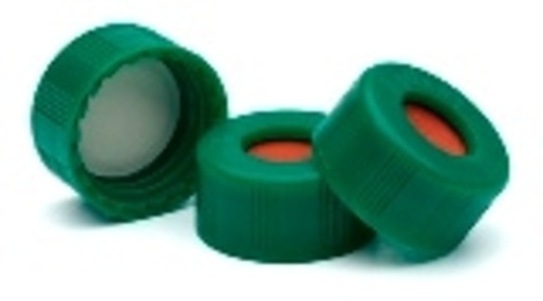 Cap, screw, green, PTFE/red silicone septa. Cap size: 12 mm