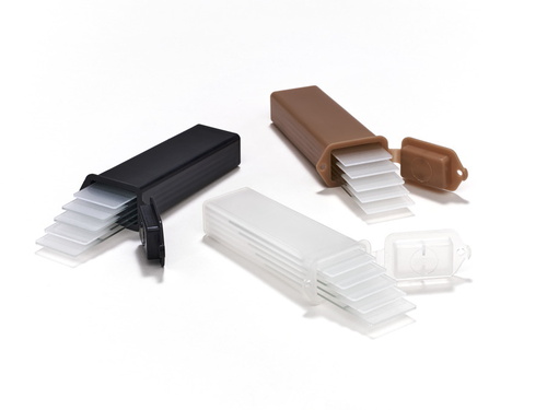 Slide Mailer, 5 Slide, Polypropylene, Natural, feature an integral recessed lid design which limits slide movement during transit to prevent accidental breakage, Rounded corners allow easier handling, Eyelet is provided for optional security ties and/or identification tags