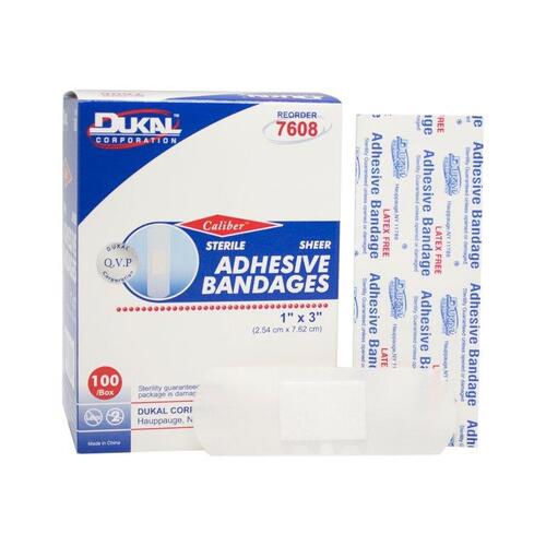 Caliber* Adhesive Bandage, Durable plastic, sheer, or flexible fabric to meet all market needs, Absorbent, non-adherent pad protects and cushions the wound without sticking, Sterile and individually wrapped in easy to peel pouches, Sheer, Size: 1 x 3 in