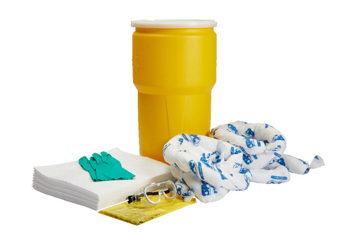 Kit, Oil Only Drum 14 Gallon SpillAbsorbency Capacity: 13 gal (US), Class: Oil Only, Includes: (1) 14 Gal Drum Container, (1) Pair of Goggles, (1) Pair of Nitrile Gloves, (2) 3 in x 12 ft Socks, (2) Disposal Bags, (20) 15 in x 19 in Oil Only Pads, Dimensions: 26.5 in H x 15 in Dia