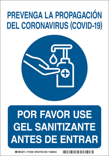 Brady® COVID-19 Signs; Use Hand Sanitizer, Spanish, Brady Worldwide