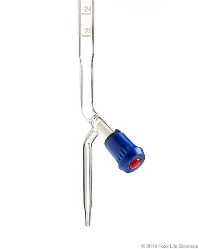 Burette with Batch Certificate as per ASTM E 287, Specifications: Material: 3.3 Borosilicate Glass , Capacity: 25mL, Color: Clear, Overall Dimension: 24.02in L x 16.14in W x 3.35in H, Graduation Color: Ceramic White, Class/Quality Grade: Type 1, Class A , Documentation, Burette Data Sheet