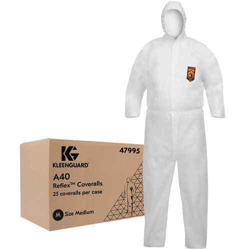 Coverall, Disposable, A40 Reflex, for liquid and particulate protection, Respirator fit hood, Reflex sizing for more comfortable fit and less rip outs, Passes NFPA 99 criteria for antistatic materials, Passes ASTM F1670 testing for penetration of blood and bodily fluids, Size: XL