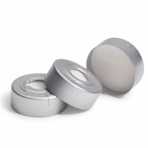 Cap, crimp, headspace, with septa, 20 mm, silver aluminum cap with safety feature, certified, PTFE/silicone septa, Cap size: 20 mm