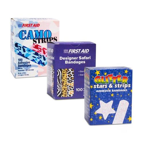Assorted Designer Bandage, Designer and Character, Help kids forget their pain with these fun designs, Comes with the preferred and patented Stat Strip easy opening wrapper that nurses request, highly absorbent, Stat-Strip, Sterile, Assorted, Size: 3/4x3in