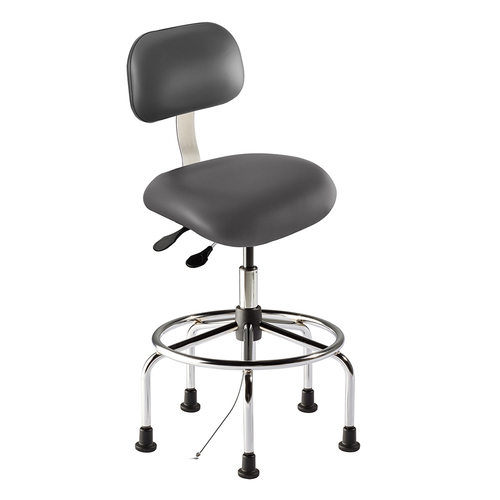 VWR* ISO 6 chair, black vinyl, chrome finish, high bench height, 23in diameter tubular steel base, 21in diameter affixed footring, 2in high glides. Seat height adjust 25-32in, Seat: 18.5 inch w x 17in d x 3in t. Backrest: 14.5 inch w x 9.5in h with lumbar support.