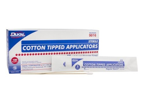 Cotton Tipped Applicator, Wood applicators with an absorbent cotton tip, packaged in bags of 100 with a sterilization indicator strip on the bag, Sterile 2ft available in an easy to peel package, Not made with natural rubber latex, Size: 6 in