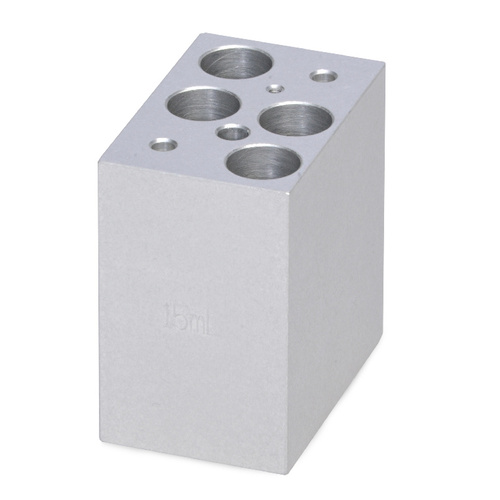 VWR* anodized mini block for 4x15.0ml tubes. Block measures 1.85x2.8x1.3