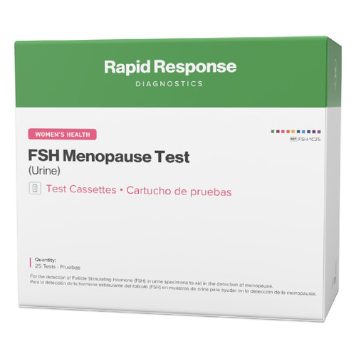 Menopause 25 mIU FSH Test Cassette, rapid, qualitative test for the determination of follicle-stimulating hormone in human urine specimens, to aid in the detection of menopause, Overall accuracy of 99%, 100% specificity - no cross reaction with LH or TSH, Sensitivity of 25 mIU/mL