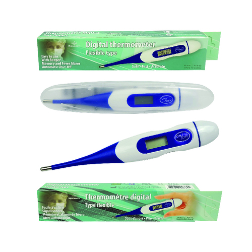 Thermometer, Flexible Tip Digital, provides fast and accurate oral or axillary temperature measurements displayed in either Celsius or Fahrenheit. The audible alert sounds when the reading is complete for user convenience.