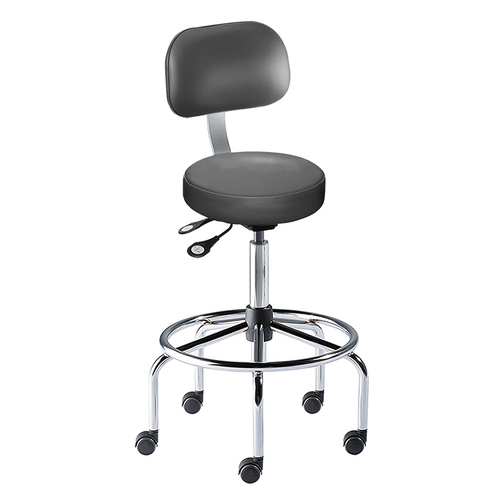 Chair, black vinyl, chrome finish, high bench height, 23in diameter tubular steel base, 21in diameter affixed footring, Seat height adjust 25-32in, backrest tilt and height adjust standard. Seat: 16 x 3.5in, Backrest: 14.5in w x 9.5in h with lumbar support.