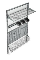 Wall Storage System with LocBoard, LocHook Asst., Wire Shelf, Wire Basket, Hanging Bins