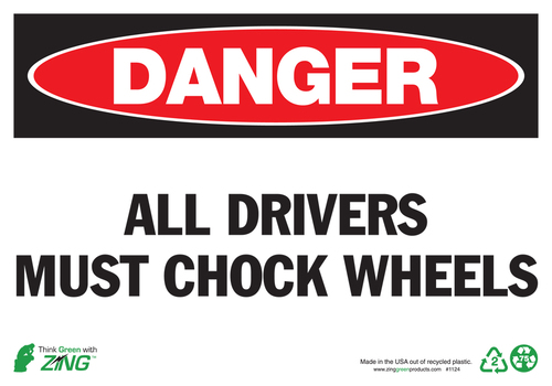 ZING Green Safety Eco Safety Sign, DANGER All Drivers Must Chock Wheels