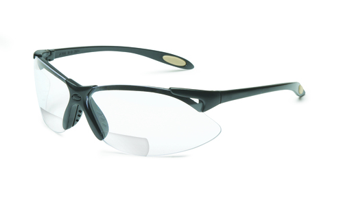 Safety glasses with black frames and clear lenses with +1.5 diopter