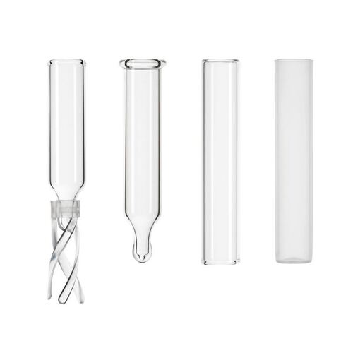 Glass Insert, 0.35mL, Flat Bottom. Both glass and plastic inserts have been engineered to fit the large opening in vials containing a nominal I.D. Of 6mm. Inserts are available assembled with a polymer bottom spring or patented Top Spring. The polymer spring acts as a shock absorber and provides a cushion against needle contact. The conical design permits complete sample removal.