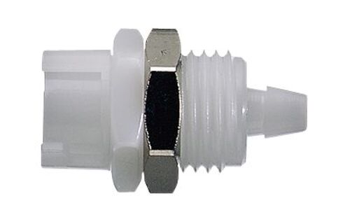CPC (Colder) Miniature Quick-Disconnect Fitting, Panel-Mount Hose Barb Body, Acetal, Straight-Through, 1/8" ID, 1.0" L; 10/Pk