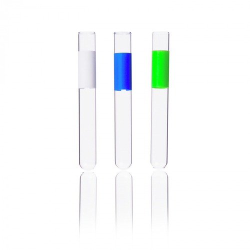 Borosilicate Glass Tube 10x75 With 3/4in Banded Label Mark-M* Permanent Green ceramic label, fused to the glass. Use marker or pencil. Labels are located 3/4in from the open end. Sturdy, uniform bottoms and consistent length. Chemicaly resistant to sodium leaching