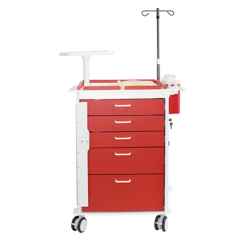 Cart Valor Crash Corrosion Resistant White HDPE Red HDPE Accents and White ACP Body Three 3-inch Drawers One 6-inch Drawer and One 9-inch Drawer Steer Handle Railtop and includes Sharps Dispenser, IV Pole, Gang Lock, Cardiac Board, O2 Holder and 4 Inch Twin Wheel Casters 32 X 41 -3/4 X 23 -5/8 in