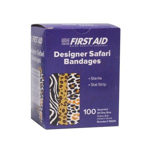 Designer Safari Bandage, Help kids forget their pain with these fun designs, Comes with the preferred and patented Stat Strip easy opening wrapper that nurses request, Features a highly absorbent, non-adherent wound pad, Stat-Strip, Sterile, Size: 3/4x 3in