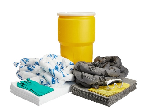 Kit, Mixed Application 14 Gallon Spill, Oil Only and Universal Contents, Includes: 14 Gal Drum Container, 3 in x 12 ft Oil Only Sock, 3 in x 12 ft Universal Sock, Emergency Response, Pair of Goggles, Pair of Nitrile Gloves, 15x19in Oil Only Pads/Universal Pads, Disposal Bags, Dimensions: 26.5x15 in