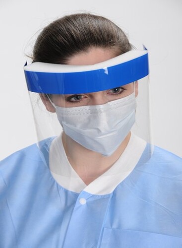 Full Face Shield, Sterile, optically clear anti-fog treated film, low particle shedding, rated category 1 per Helmke Drum Test, manufactured in controlled environment, Gamma Irradiated validated sterile to SAL 10-6