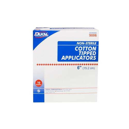 Cotton Tipped Applicator, Wood applicators with an absorbent cotton tip, Non-Sterile, packaged in bags of 100 with a sterilization indicator strip on the bag, available in an easy to peel package, Not made with natural rubber latex, Size: 6 in