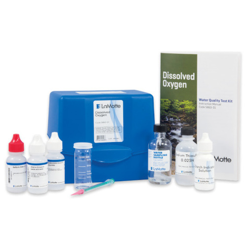 This kit tests for Dissolved Oxygen using the Direct Reading Titrator method. Range/sensitivity is 0-10 ppm/0.2 ppm O2.