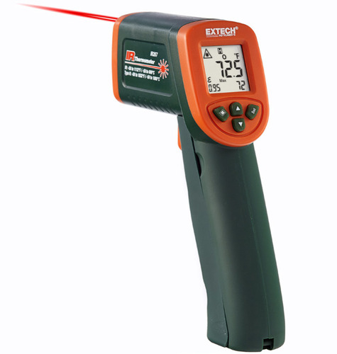Compact InfraRed Thermometer, 12: 1 InfraRed Thermometer with Visual and Audible High/Low Alarm, Temperature: -50 to 1000 deg C, Basic Accuracy: +/-2% of reading, Maximum Resolution: 0.1 deg F, Distance to target: 12: 1, Emissivity: 0.1 to 1.00 (adjustable), Dimension: 6.8x3.8x1.8in, Size: 8oz