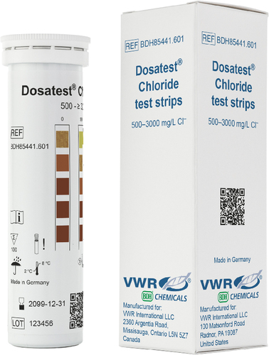 Vwr* chloride test strip, for the semi-quantitative determination of chloride (Cl - ) in solutions, Gradation of scale: 0-500-1000-1500-2000-3000 mg/l Cl - brown to yellow, In the pH range 2 to 12 the reaction is independent of the pH value of the solution to be analysed, 500 dosatest