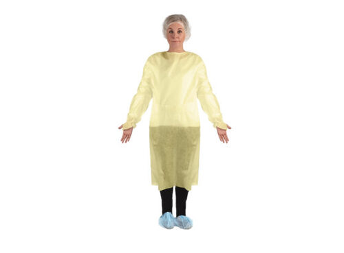 Isolation Gown, Provides reliable protection without compromising comfort, Belt Centred on the front, Non-Sterile, Yellow, Large, Disposable SMS Polypropylene, non-woven material with full back closure. Features: Flat belt, elastic, cuffs and tie-on neck closure, Size: Large