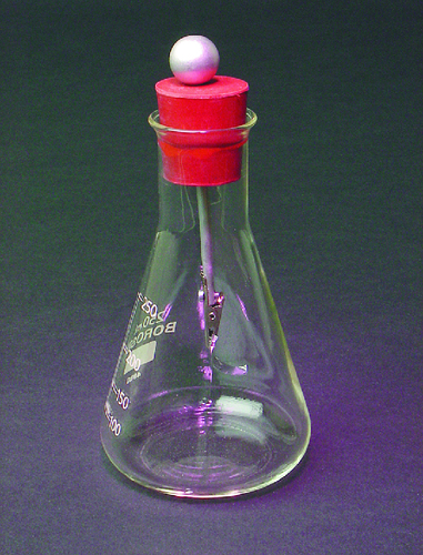 Flask Form Electroscope, housed in a 250ml borosilicate flask with a metal rod attached to a rubber stopper. A pair of aluminum leaves is suspended from an alligator clip. The knob on top of the rubber stopper accepts a charge. Includes activity guide.