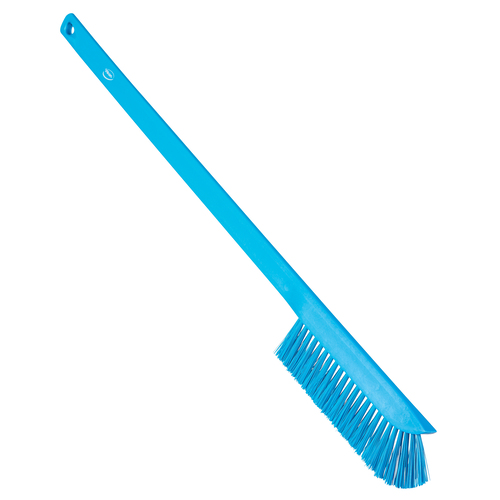 Brush With Long Handle 23.62in Md Blue, with angled Bristle Security Units is effective with cleaning conveyor belts, production lines, machinery, and food preperation surfaces in high risk areas.